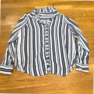 Lemon Tart Navy Blue White Striped Button Down Blouse  Sz Medium